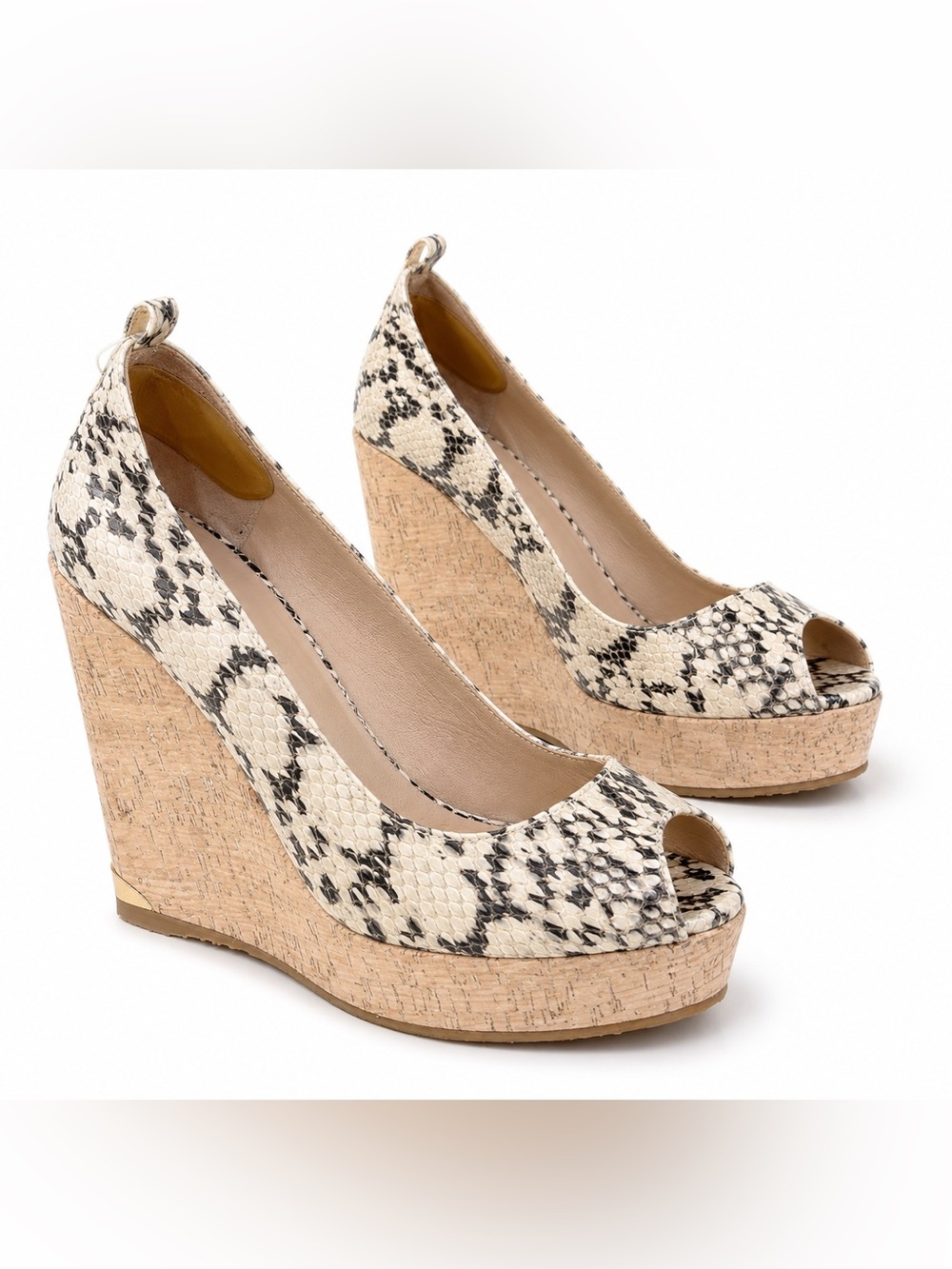 JIMMY CHOO Snakeskin Gray & Ivory Leather Peep Toe Cork Heels 7.5 (Sz 38)